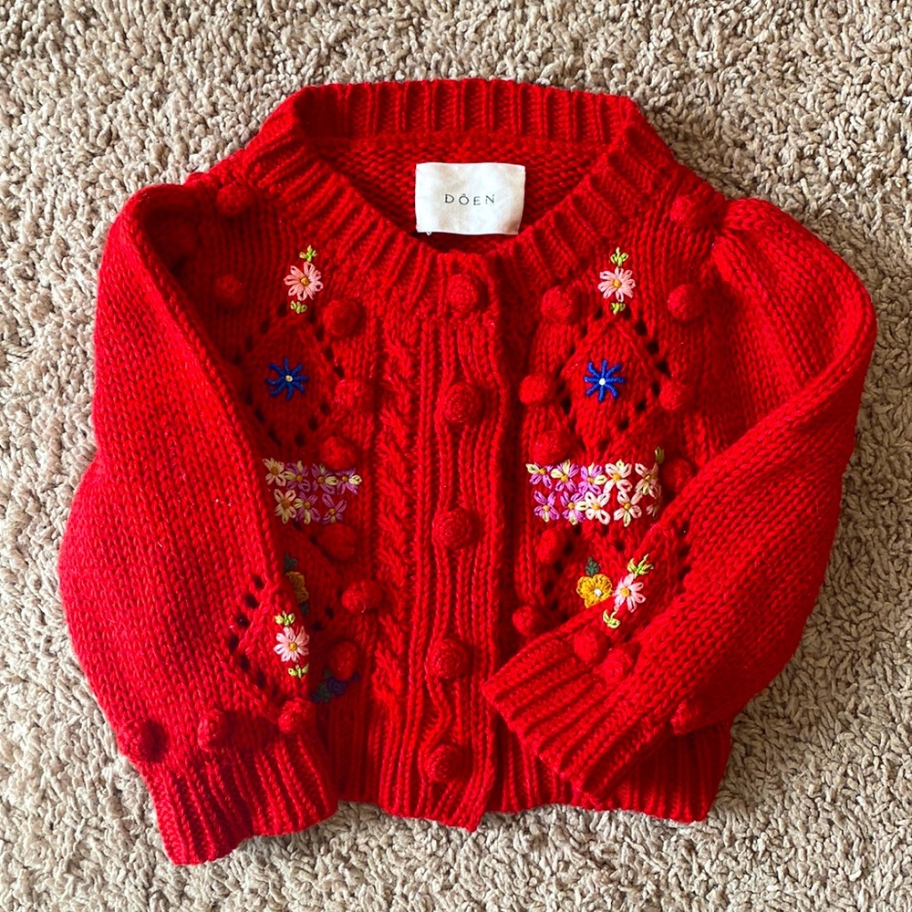 DÔEN LITTLE FORGET-ME-NOT CARDIGAN -- CERISE, SIZE 2